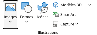 Groupe Illustrations de l'onglet Insertion du ruban Excel, avec le bouton Formes entre Images et Icônes