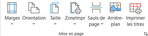 Groupe Mise en page de l'onglet du même nom dans le ruban Excel, avec le bouton Sauts de page entre ZoneImpr et Arrière-plan