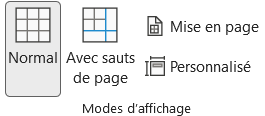 Groupe Modes d'affichage du ruban Excel, onglet Affichage, avec Normal, Avec sauts de page, Mise en page et Personnalisé.