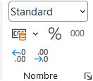 Groupe Nombre de l'onglet Accueil du ruban Excel, avec la liste des formats sur Standard