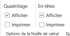 Groupe Options de la feuille de calcul de l'onglet Mise en page dans Excel, avec les cases Afficher et Imprimer sous Quadrillage et sous En-têtes
