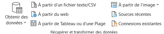 Groupe Récupérer et transformer des données de l'onglet Données du ruban Excel, avec l'entrée À partir d'un fichier texte/CSV en haut de la colonne du milieu
