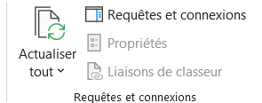 Groupe Requêtes et connexions de l'onglet Données du ruban Excel, avec le bouton Liaisons de classeur grisé faute de lien dans le fichier