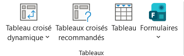 Groupe Tableaux de l'onglet Insertion du ruban Excel, avec le chevron sous le bouton Tableau croisé dynamique