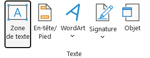 Groupe Texte de l'onglet Insertion du ruban Excel, avec le bouton Objet tout à droite