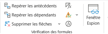 Groupe Vérification des formules de l'onglet Formules du ruban Excel, avec Repérer les antécédents, Repérer les dépendants, Supprimer les flèches et la Fenêtre Espion