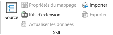 Groupe XML de l'onglet Développeur du ruban Excel, avec le bouton Source à gauche et Importer à droite