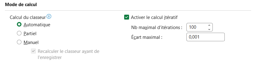 Section Mode de calcul des options d'Excel, case Activer le calcul itératif cochée, Nb maximal d'itérations à 100 et Écart maximal à 0,001.