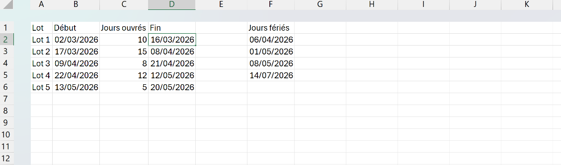 Planning de lots de travaux Excel où SERIE.JOUR.OUVRE calcule la date de fin de chaque lot en excluant week-ends et jours fériés.