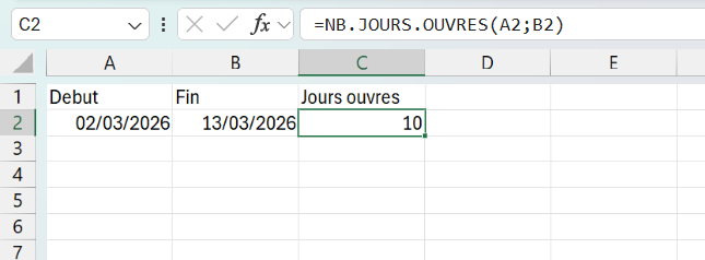 Cellule C2 avec la formule =NB.JOURS.OUVRES(A2;B2) dans la barre de formule, qui renvoie 10 jours ouvrés entre le 02/03/2026 et le 13/03/2026.
