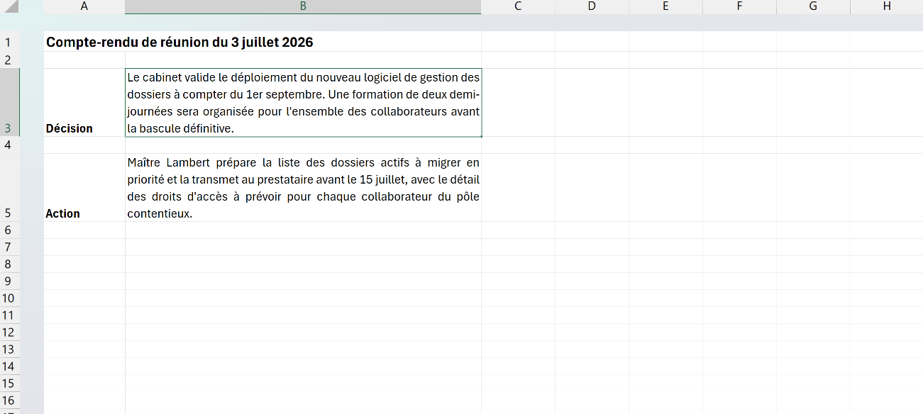 Compte-rendu de réunion Excel dont les paragraphes de texte sont justifiés dans leurs cellules, alignés proprement sur les bords gauche et droit