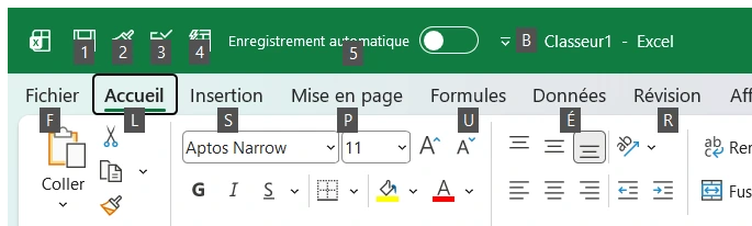 Ruban Excel après un appui sur la touche Alt : une lettre d'accès (KeyTip) apparaît sur chaque onglet et chaque commande, F pour Fichier, L pour Coller, S pour la police, et un chiffre sur chaque bouton de la barre d'outils Accès rapide