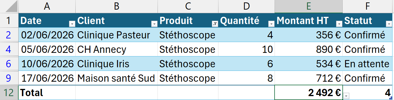 Tableau structuré de ventes filtré sur le produit Stéthoscope, avec la ligne des totaux qui affiche la somme des seules lignes visibles.
