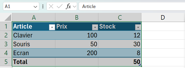 Tableau Excel avec en-têtes filtrants Article, Prix et Stock et une ligne Total en gras au bas affichant 50 pour la colonne Stock