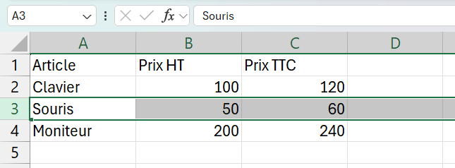Ligne 3 entièrement sélectionnée dans un tableau de prix, la rangée horizontale de l'article Souris surlignée, avec la référence A3 et le texte Souris dans la barre de formule.
