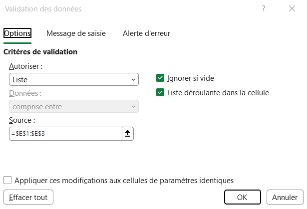Boîte de dialogue Validation des données d'Excel, onglet Options, avec Autoriser réglé sur Liste et une plage indiquée dans le champ Source.
