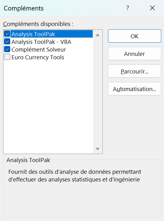 Dialogue Compléments d'Excel listant les macros complémentaires disponibles (Analysis ToolPak, complément Solveur, Euro Currency Tools) à cocher pour les activer