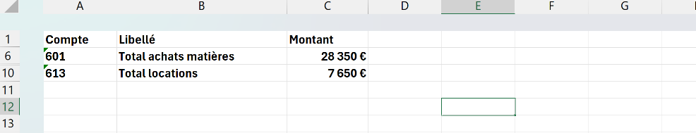 Grand livre Excel où seules les lignes de total par compte restent visibles, les numéros de lignes sautant de 1 à 6 puis 10.