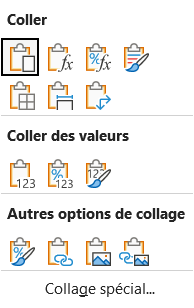 Menu du bouton Coller de l'onglet Accueil dans Excel, avec l'icône Transposer en fin de deuxième rangée