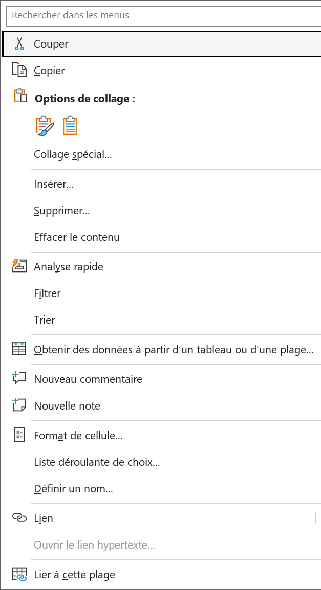 Menu contextuel d'Excel ouvert d'un clic droit sur une cellule, réunissant Couper, Copier, les options de collage, Insérer, Supprimer, Format de cellule et les autres actions courantes