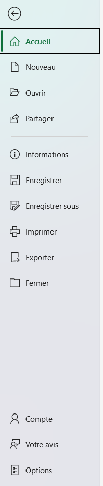 Volet Fichier d'Excel, avec Accueil, Nouveau, Ouvrir, Partager, Informations, Enregistrer, Enregistrer sous, Imprimer, Exporter et Fermer