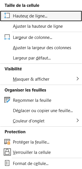 Menu Format de l'onglet Accueil d'Excel, déroulé, avec la section Protection qui réunit Protéger la feuille et Verrouiller la cellule
