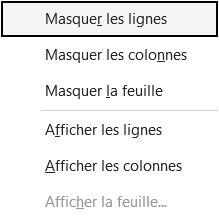 Sous-menu Masquer & afficher du menu Format d'Excel, avec l'entrée Afficher la feuille grisée en bas
