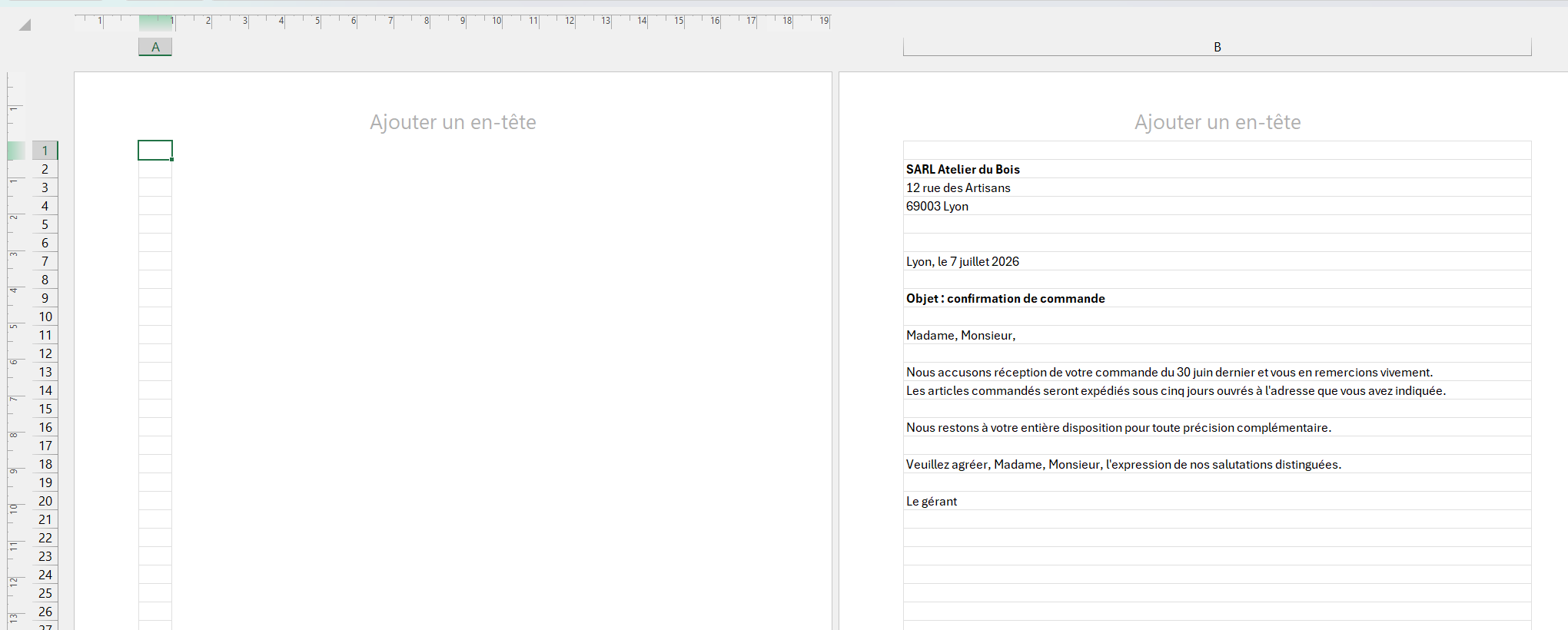 Courrier professionnel rédigé dans Excel et affiché en mode Mise en page, avec la règle, les marges et les bords de la feuille A4 visibles autour du texte.