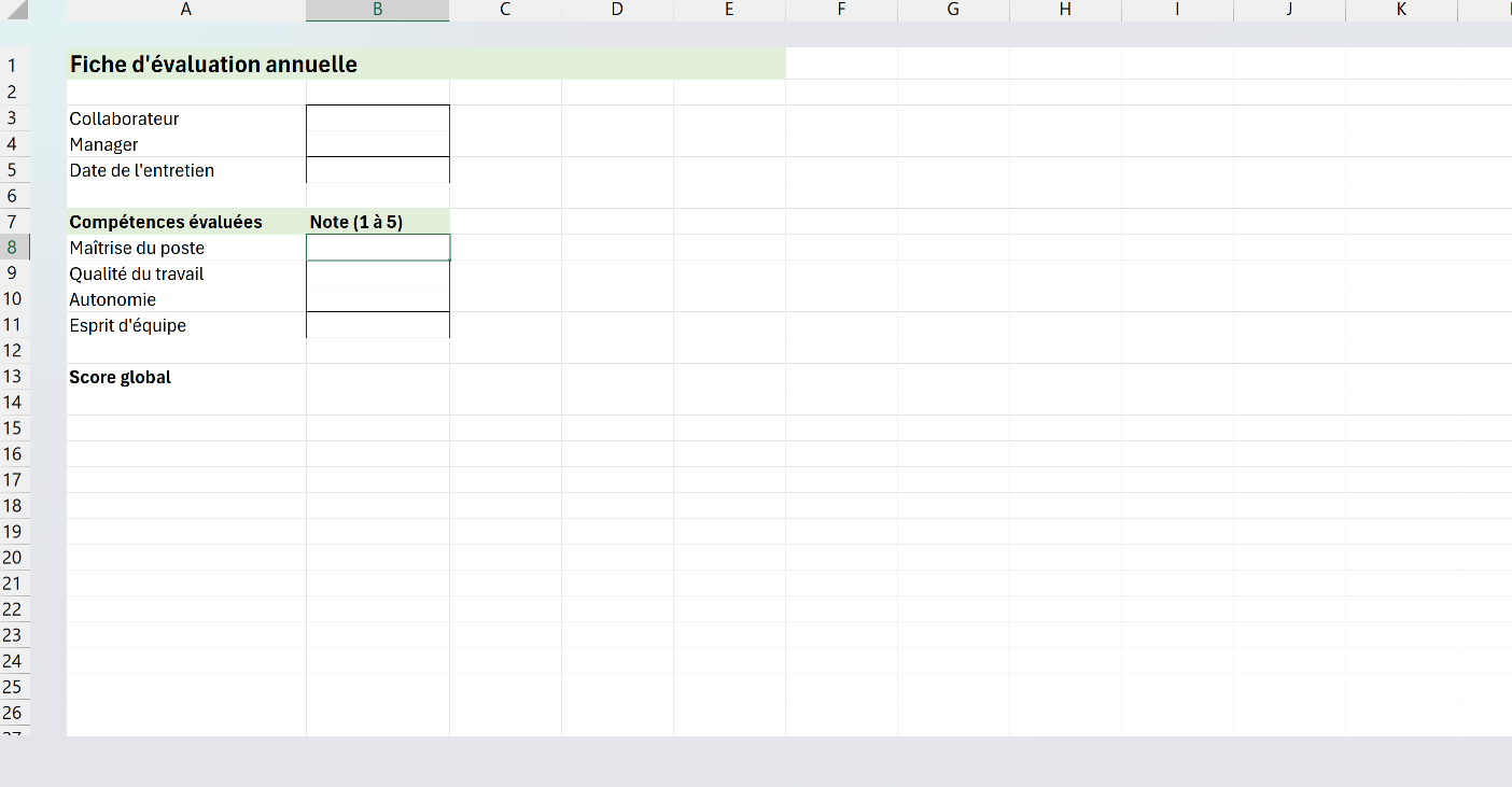 Fiche d'évaluation annuelle vierge issue d'un modèle Excel avec rubriques, cases de notation encadrées et formule de score global.