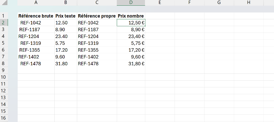 Export fournisseur avec références pleines d'espaces et prix en texte, nettoyés par SUPPRESPACE et CNUM dans deux colonnes propres.