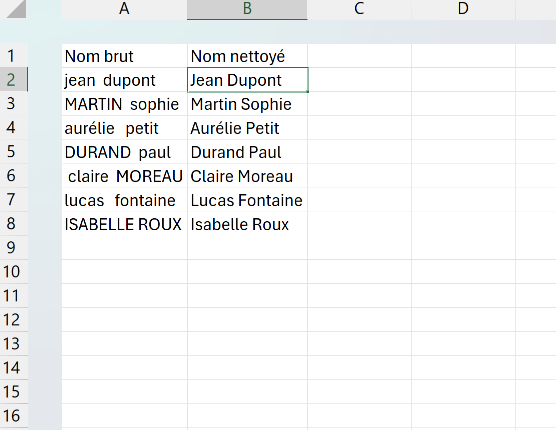 Export CRM Excel avec des noms mal saisis à gauche et la colonne nettoyée par EPURAGE, SUPPRESPACE et NOMPROPRE à droite.
