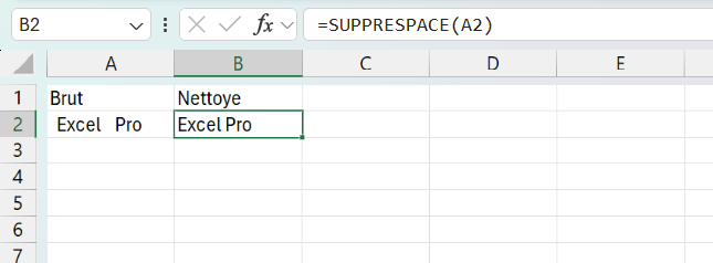 Feuille Excel avec la formule SUPPRESPACE en B2 transformant le texte Excel Pro à double espace de la colonne Brut en Excel Pro propre dans la colonne Nettoye