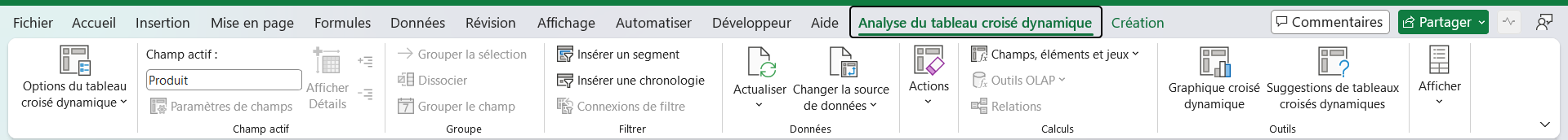 Onglet contextuel Analyse du tableau croisé dynamique du ruban Excel, avec le bouton Graphique croisé dynamique dans le groupe Outils
