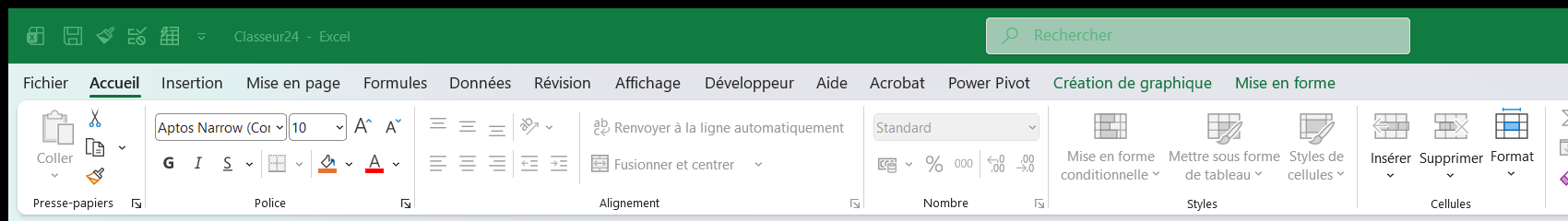 Ruban Excel affichant les onglets contextuels Création de graphique et Format apparus à la sélection d'un graphique