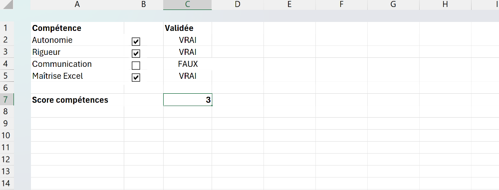 Formulaire d'évaluation avec des cases à cocher liées à des cellules VRAI ou FAUX et un score calculé automatiquement.