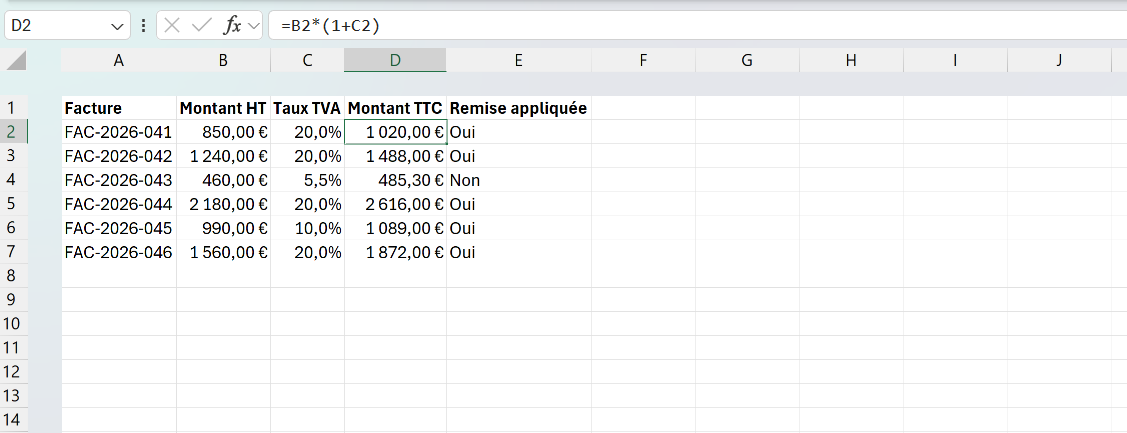 Tableau de facturation Excel où le montant TTC est calculé avec les opérateurs arithmétiques, la formule =B2*(1+C2) visible dans la barre de formule