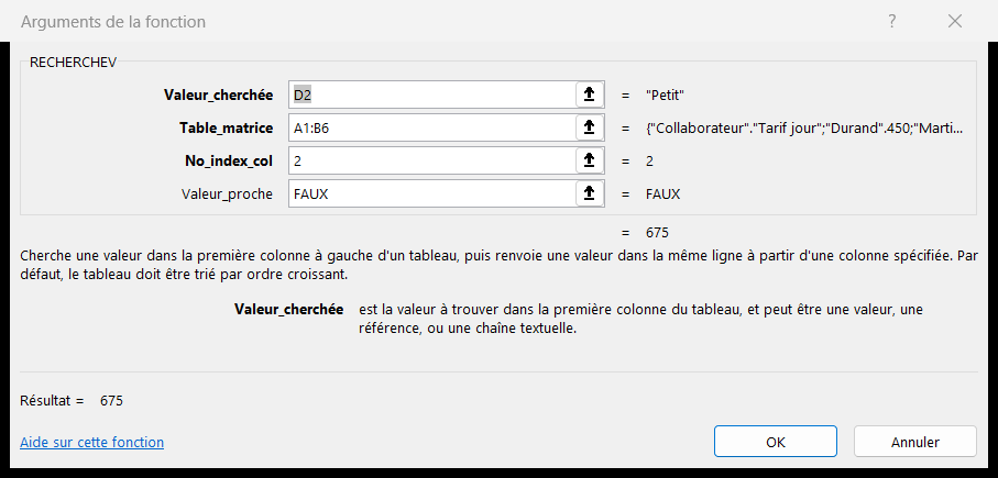 Palette de formules d'Excel affichant les quatre arguments d'un RECHERCHEV avec le résultat calculé à chaque étape