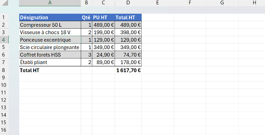 Devis Excel dont les nouvelles lignes de produits ont reçu la mise en forme des lignes existantes, couleurs alternées, bordures et format monétaire compris