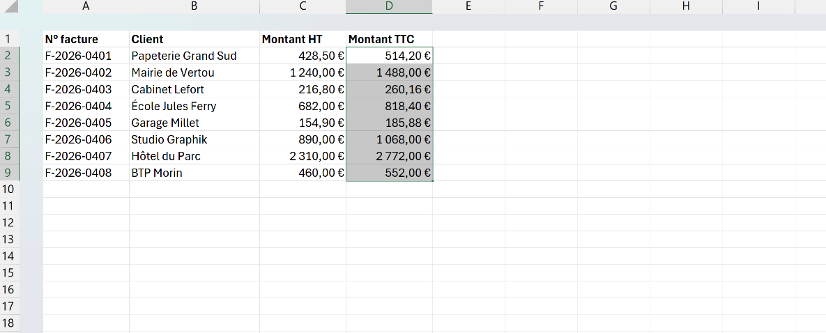 Export de factures dont la colonne Montant TTC a été remplie par la poignée de recopie à partir de la formule de la première ligne.