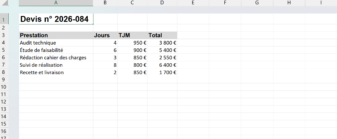 Devis Excel avec un titre en Arial 16 gras, des en-têtes en Arial gras sur fond gris et des données en Calibri 11.