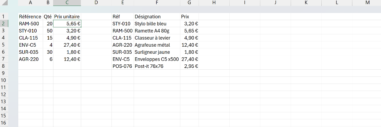 Devis Excel où RECHERCHEV récupère automatiquement le prix de chaque référence produit dans le catalogue placé à droite.