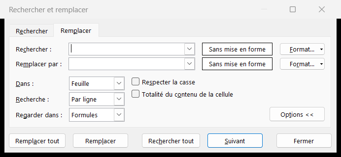 Dialogue Rechercher et remplacer d'Excel sur l'onglet Remplacer, avec l'ancien code produit dans Rechercher et le nouveau dans Remplacer par