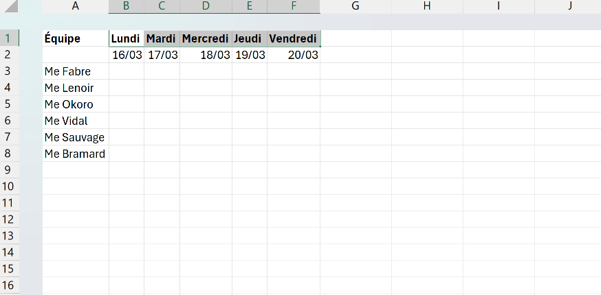 Planning hebdomadaire dont la ligne des jours et la ligne des dates ont été générées par la poignée de recopie incrémentée.