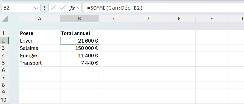 Onglet de synthèse annuelle où chaque poste de charges est totalisé sur les douze feuilles mensuelles par une référence 3D.