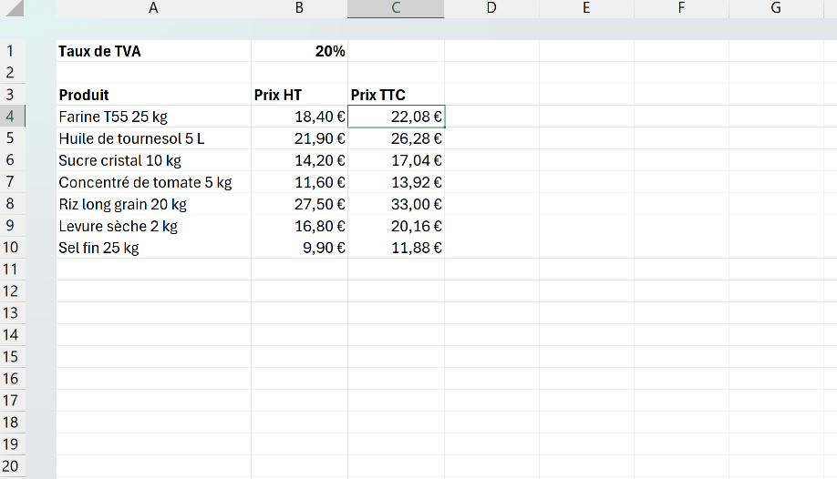 Liste de prix agroalimentaire dont la colonne TTC est calculée avec une référence absolue vers le taux de TVA en B1.
