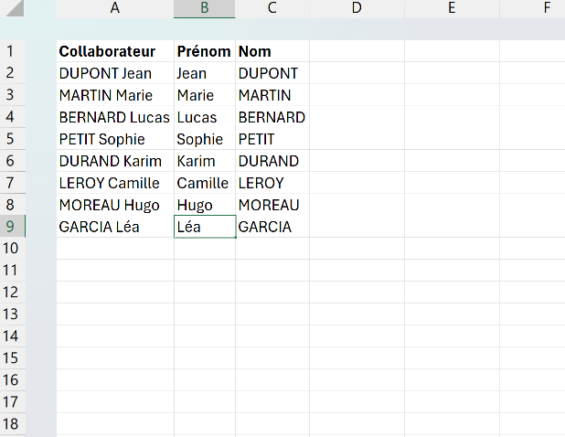 Liste de collaborateurs au format NOM Prénom avec deux colonnes Prénom et Nom remplies automatiquement par le remplissage instantané.