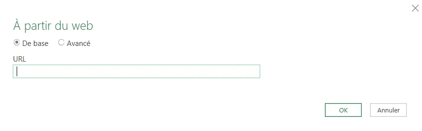 Boîte de dialogue « À partir du web » de Power Query, avec les options De base et Avancé, un champ URL vide et les boutons OK et Annuler.
