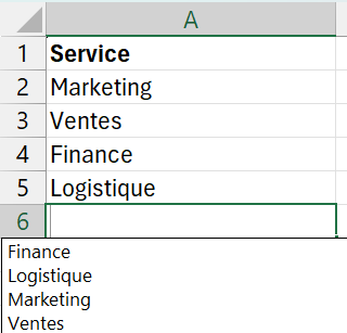 Colonne Service d'une feuille Excel remplie de Marketing, Ventes, Finance et Logistique ; sous la cellule vide A6, Alt+Flèche bas a déroulé la liste de ces quatre valeurs, classées par ordre alphabétique
