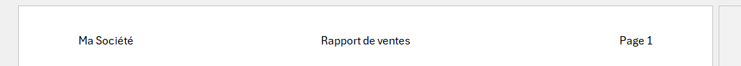 En-tête d'un rapport Excel en mode Page, découpé en trois zones : « Ma Société » à gauche, « Rapport de ventes » au centre, « Page 1 » à droite