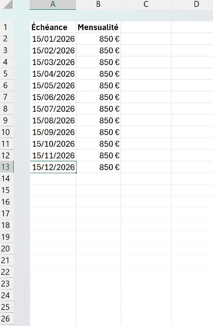 Échéancier de douze mensualités dont les dates du 15 de chaque mois ont été générées par Remplissage puis Série avec un pas mensuel.
